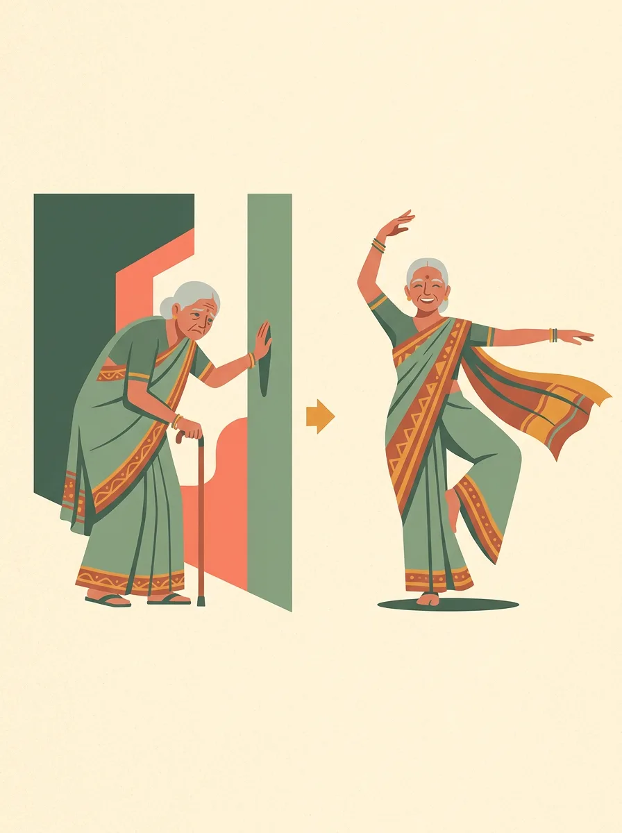 Illustration of a mother going from leaning on a wall to balancing on one leg