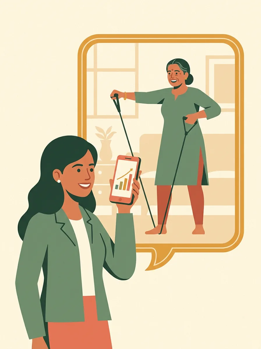 Illustration of a daughter checking her phone while her mother trains with a resistance band