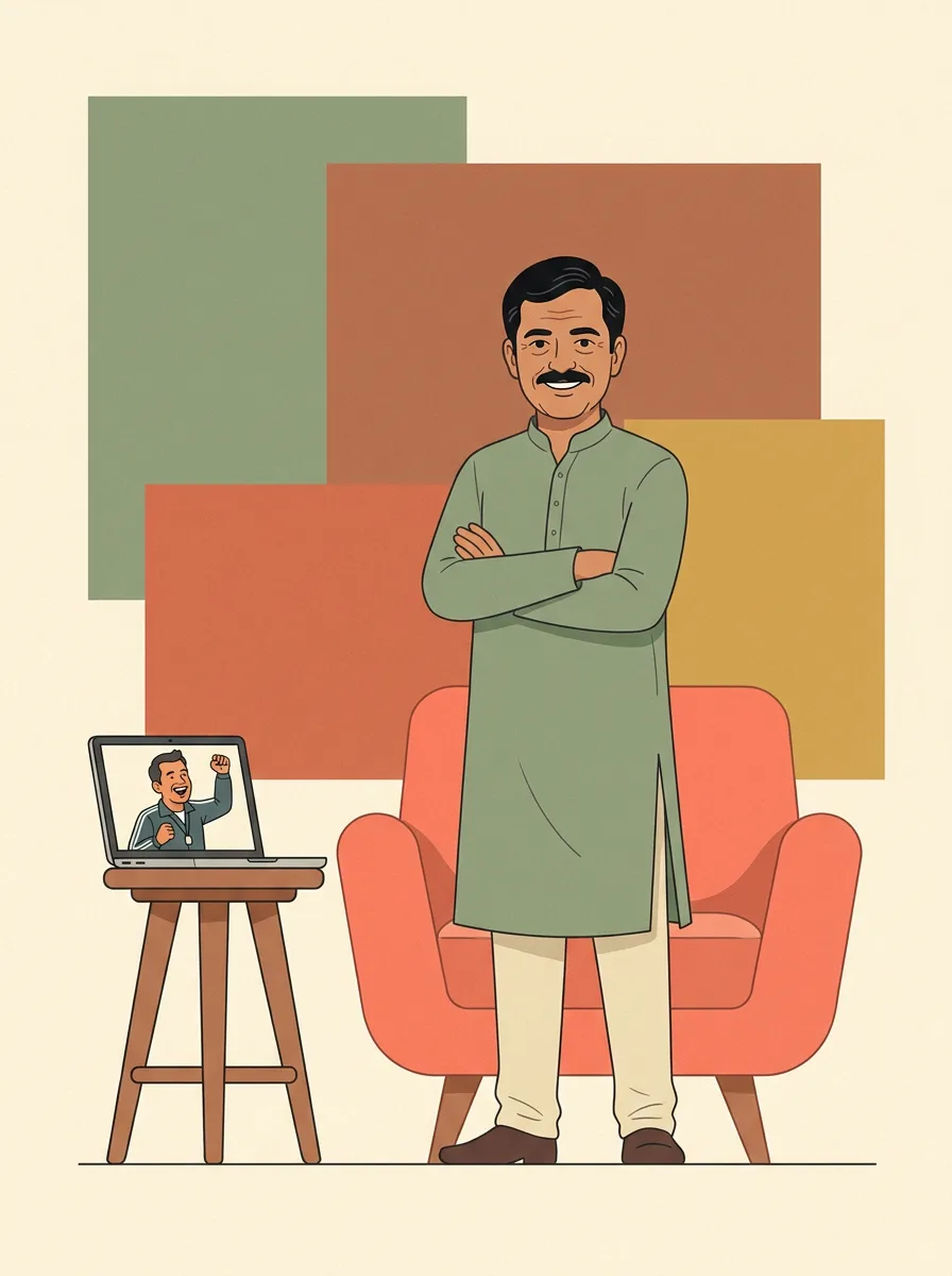 Illustration of a father standing tall after a sit-to-stand test, his coach cheering on a laptop