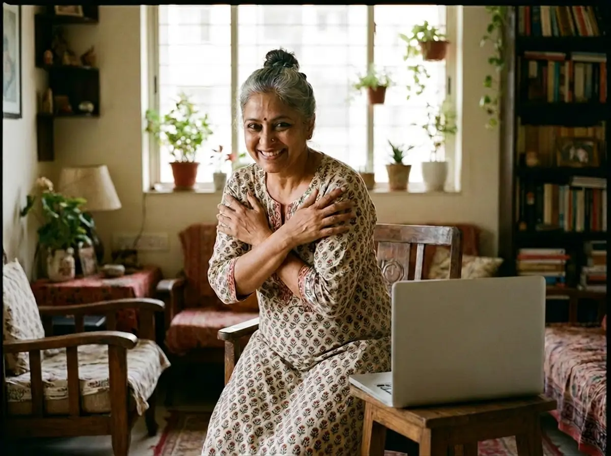 A woman in her 60s doing her live online class at home