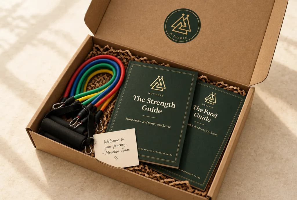 The Longevity Box: resistance band set, two printed guides and a welcome card